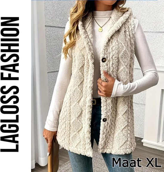 LaGloss® Dames Elegante Pluchen Vestjas met Capuchon – Ruit Geometrisch Design – Zachte Teddy Herfst/Winter Bodywarmer – Mouwloos – Abrikoos Maat XL