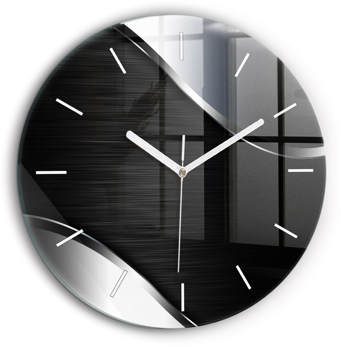 Wallfluent Wandklok - Zwarte en zilveren lijnen Decoratieve Wandklok - 60 cm x 60 cm - Zwart Wandklok - Witte Handen - Wandklok Zonder Cijfers - Wandklok Glas Woonkamer - Ronde Glas Klok - Industrieel Wandklok - Stijlvolle Klok