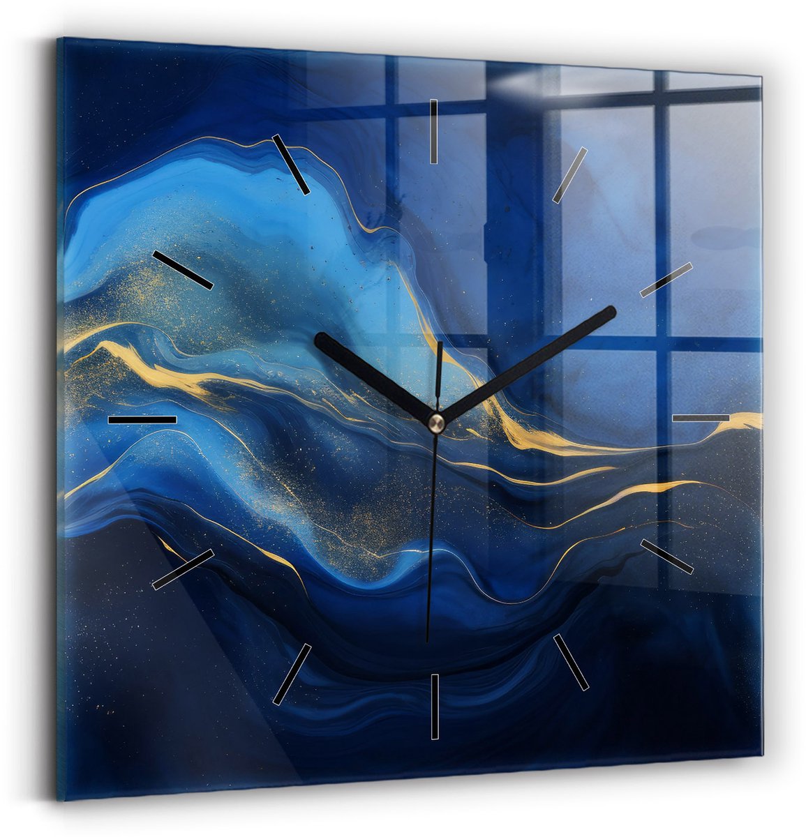 Wallfluent Wandklok - Blauwe marmer Unieke Wandklok - 30 cm x 30 cm - Blauw Wandklok - Zwarte Handen - Wandklok Zonder Cijfers - Wandklok Glas Woonkamer - Vierkante Glazen Wandklok - Scandinavisch Wandklok - Klok als Muurdecoratie
