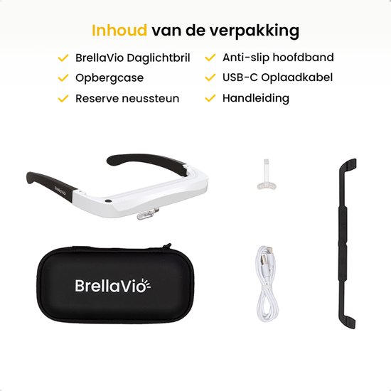 Inhoud van de verpakking: daglichtbril, opbergcase, neussteun, hoofdband, oplaadkabel, handleiding.