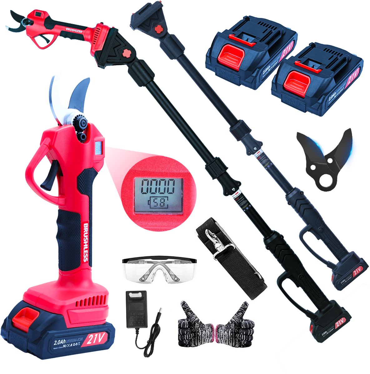 Elektrische Snoeischaar - 3000 lbs Snijkracht - Uitschuifbare Boomtrimmer - 2x 2000mAh Accu - 3 Modus - 180° Draaibaar - Inclusief Handschoenen & Extra Mes