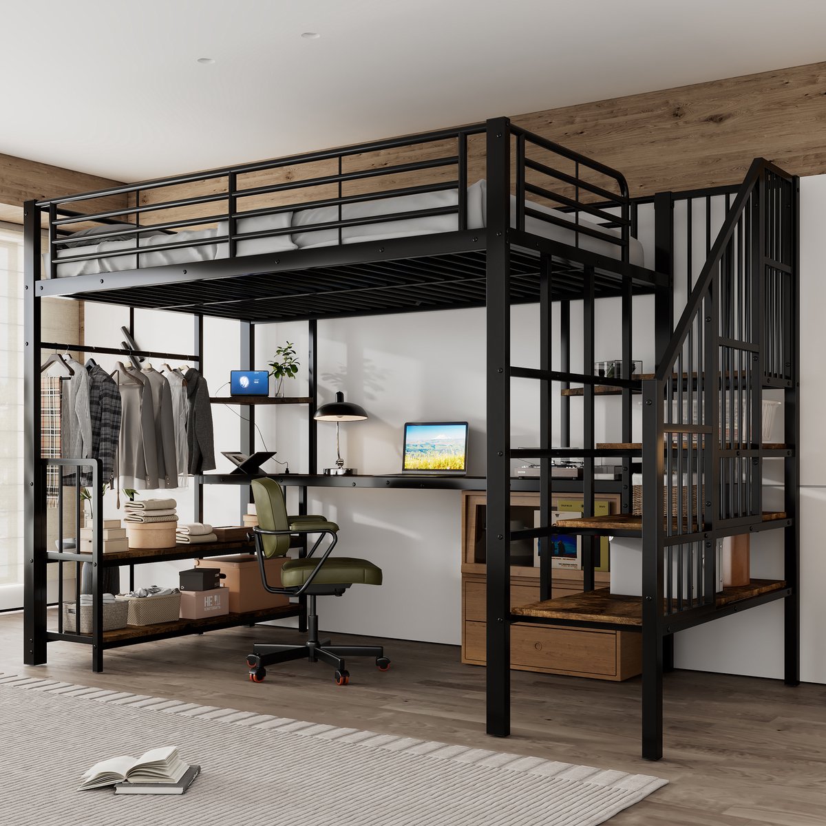 Pugsdrly IJzeren bed, zijladder met leuning, met oplaadaansluiting, met kledinghanger, opbergruimte en twee kantelbeveiligingen, ijzer + MDF, zwart + donker, 120 x 200 cm