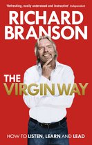 De cover van 'The Virgin Way' van Richard Branson, met de auteur op een rode achtergrond. Hij draagt een wit overhemd en een spijkerbroek.