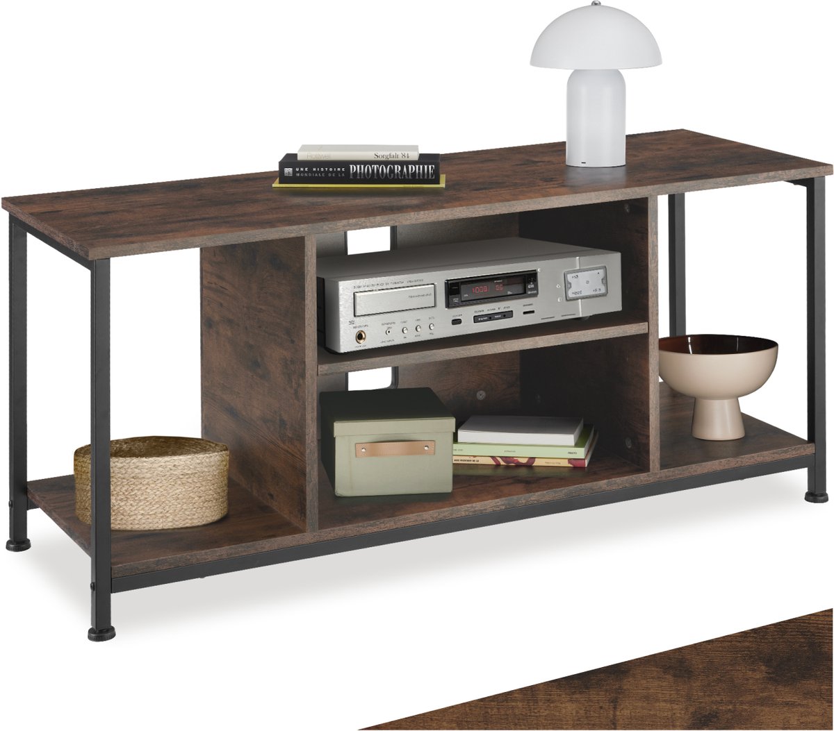 Tectake TV-meubel met 4 open vakken - Lowboard voor TV's tot 70 inch - Houten TV-dressoir met kabeluitsparingen - Industrieel design - Zwart metalen frame - Afmeting (LxBxH) 110 x 40 x 50,5 cm - Donkerbruin