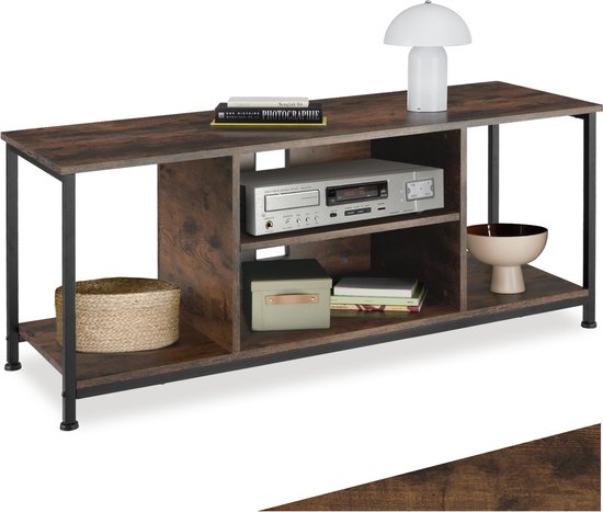 tectake® TV-meubel met 4 open vakken - Lowboard voor TV's tot 70 inch - Houten TV-dressoir met kabeluitsparingen - Industrieel design - Zwart metalen frame - Afmeting (LxBxH) 120 x 40 x 50,5 cm - Donkerbruin