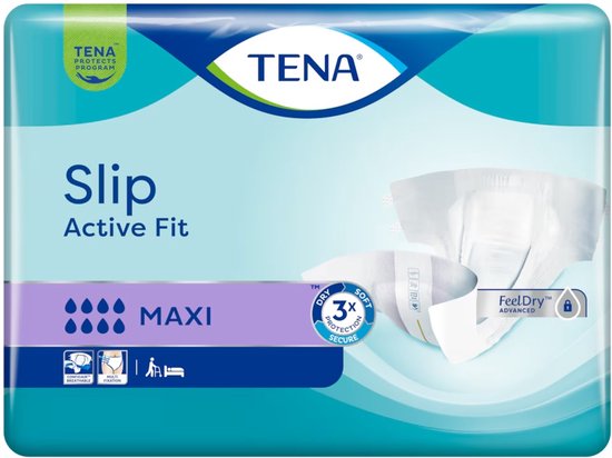 TENA Slip Active Fit Maxi, met FeelDry Advanced-technologie en 3X Protection Secure.
