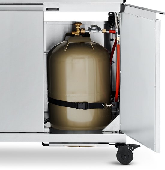 Gasfles in roestvrijstalen opbergkast van de barbecue.