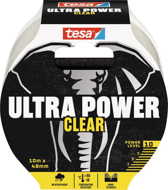 tesa Ultra Power Clear tape rol met olifantafbeelding. Weerbestendig, temperatuurbestendig, met de hand te scheuren. Power Level 10.