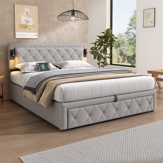 Lit rembourré 180x200 cm avec downlight et port USB avec espace de rangement - lit double - gris - sans matelas