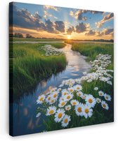 Tuinschilderij voor buiten 80x80 cm - Tuindecoratie Beekje - Landschap - Margriet - Tuinposter op canvas - Tuin muurdecoratie - Buitenschilderij decoratie - Schutting wanddecoratie - Buitencanvas