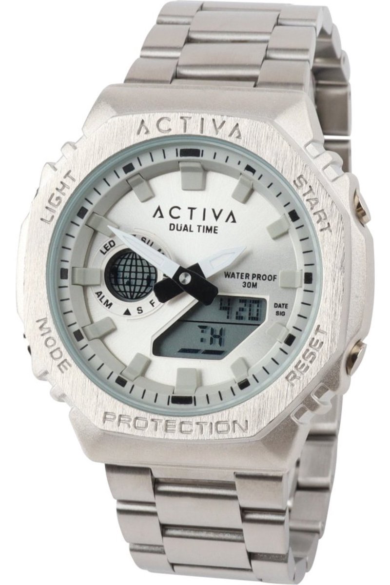 Activa x Invicta Digital ACWM423-002 Heren Horloge - Waterdicht - Digitaal - Quartz Uurwerk - met zilveren Wijzerplaat - 45mm