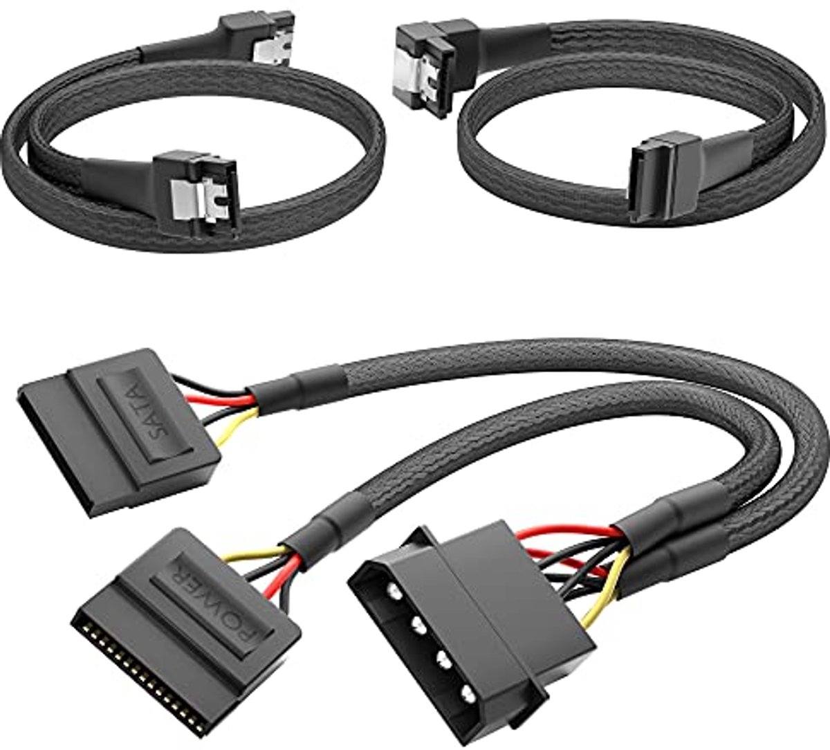 Image of 4-pin Molex naar 2x 15-pin SATA voedingskabel en 7-pin SATA datakabels - 30 cm en 60 cm