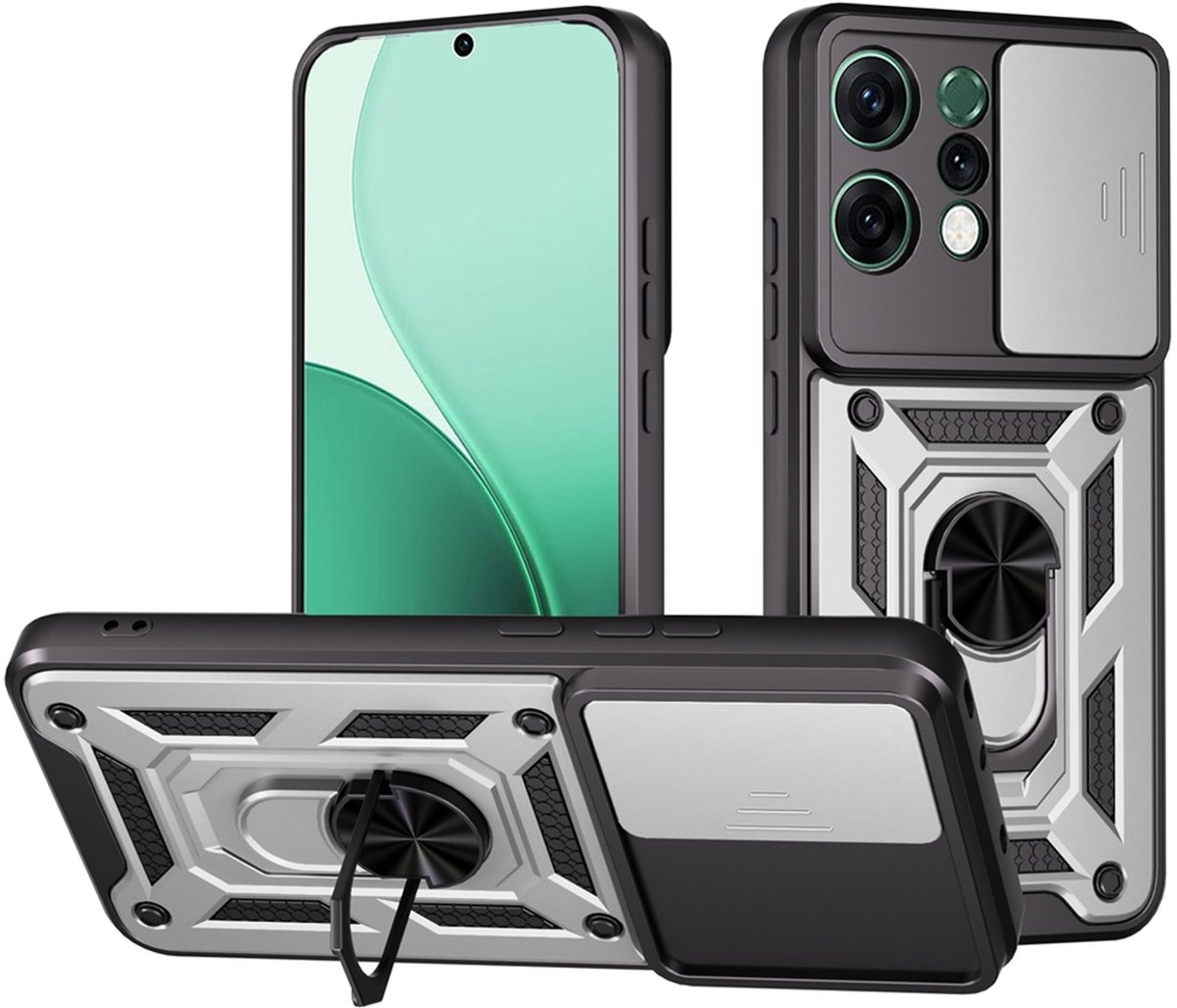 MobyDefend Hoesje - Geschikt voor Oppo Reno14 - Pantsercase Met Draaibare Ring - Zilvergrijs