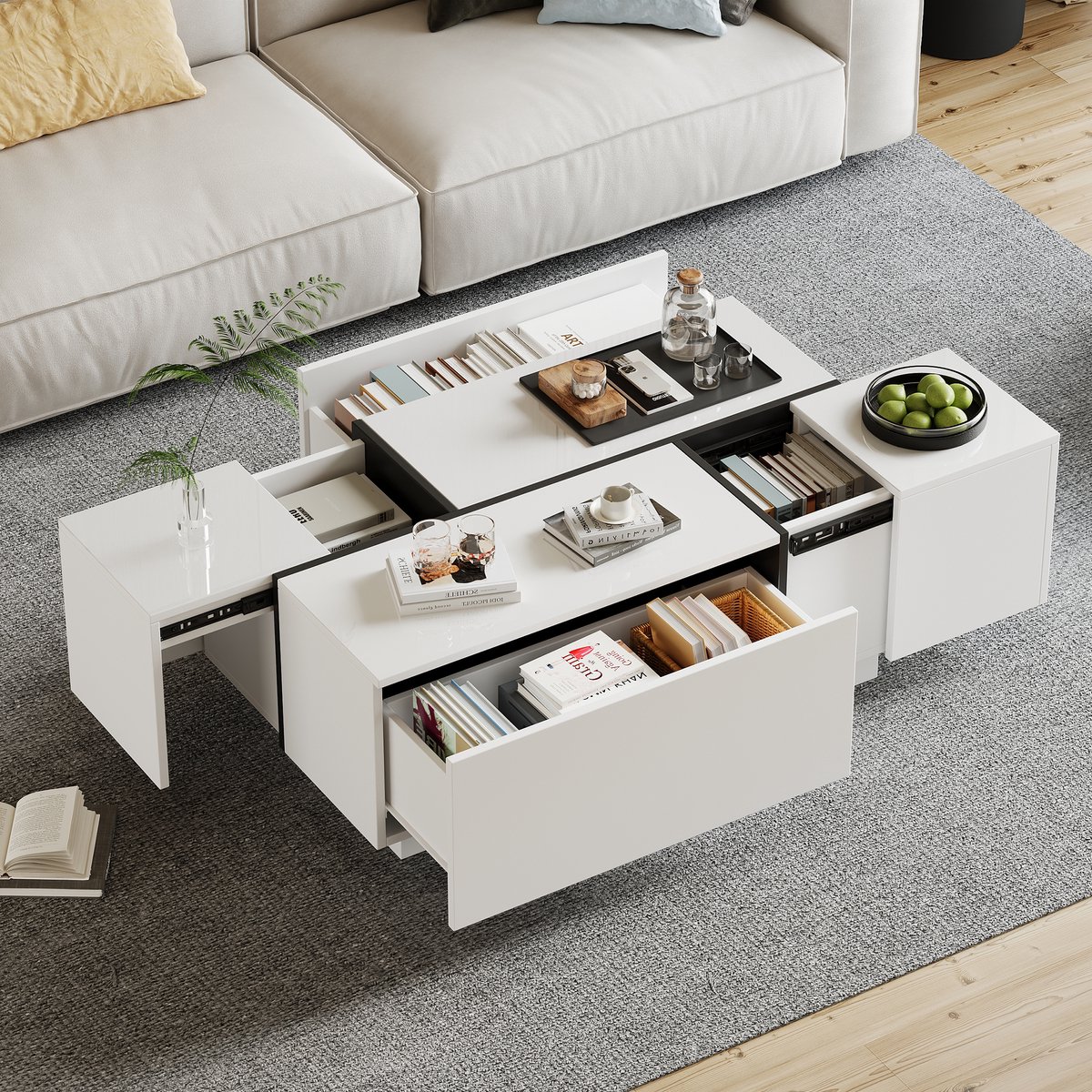HAUSS SPOLE Salontafel - Hoogglans Koffietafel met 4 Laden en Schuifbaar Blad - 100x60x40 cm - Spaanplaat - Wit