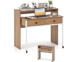 Uitschuifbaar Bureau met 2 Laden en Wieltjes - Natuurkleurige Computertafel met Metalen Frame 100 x 63 x 88 cm
