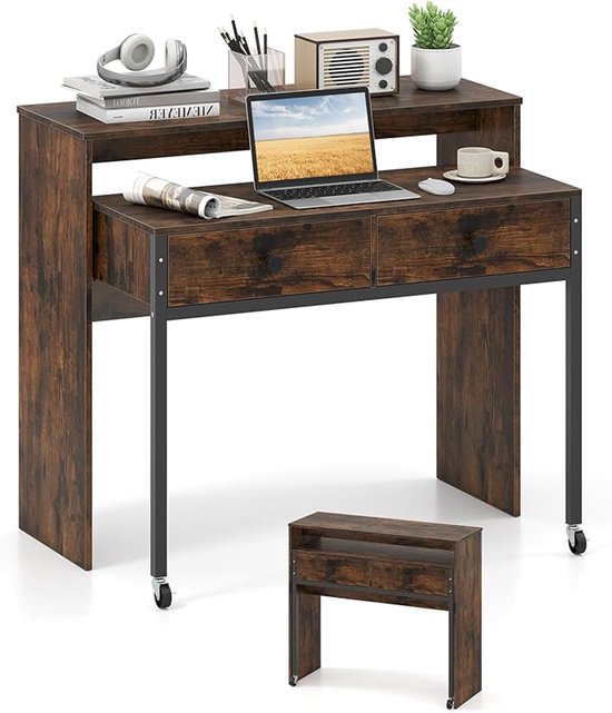 COSTWAY uitschuifbaar bureau, kleine computertafel met 2 laden & wieltjes, bureau met metalen frame, werktafel, pc-tafel voor thuis, kantoor, 100 x 63 x 88 cm (Bruin