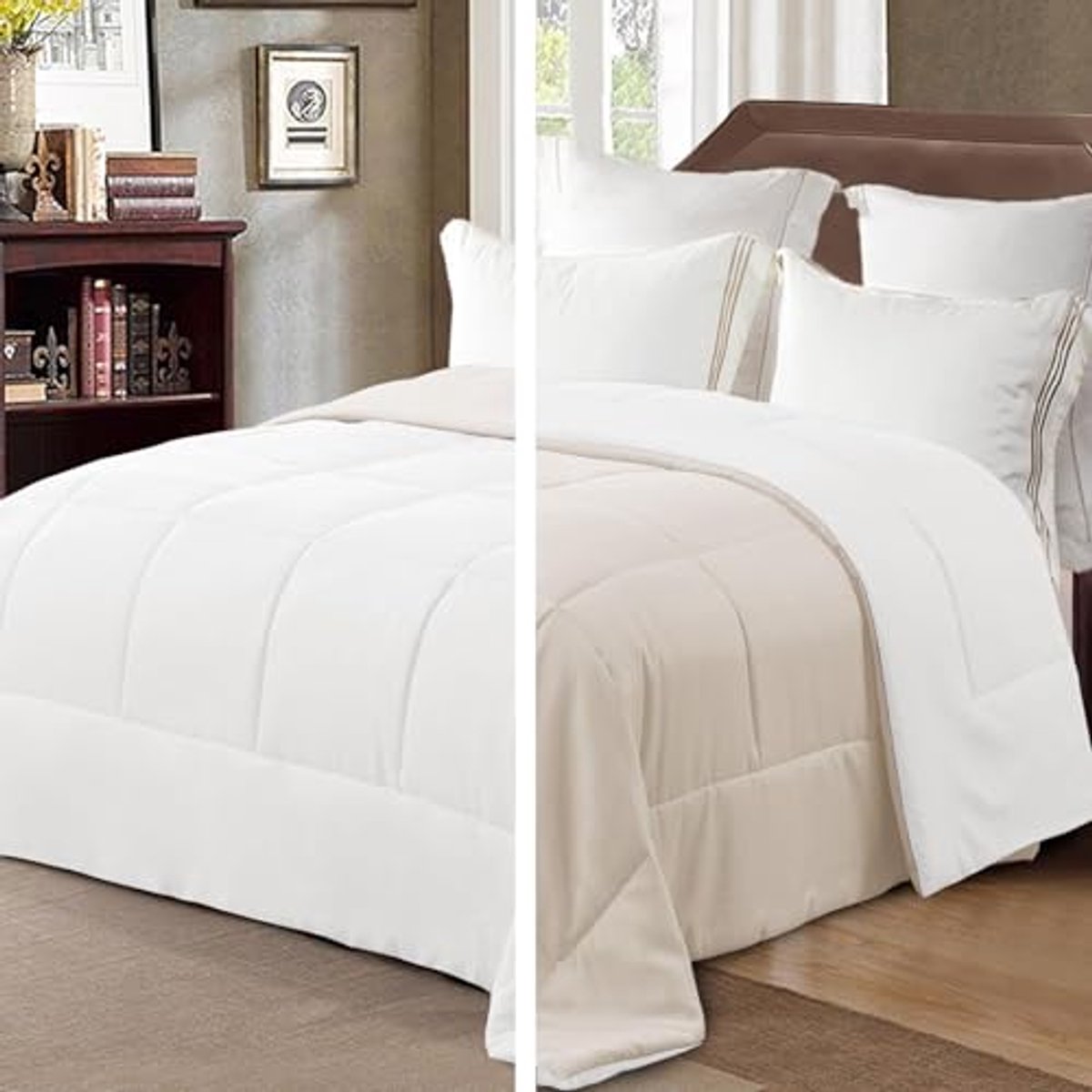 Image of 7.5 TOG Single Dekbed All Seasons - Ultra Zacht en Omkeerbaar Dekbedovertrek - Lichtgewicht Hoofdkussen Alternatief - 135 x 200 cm Beige/Wit