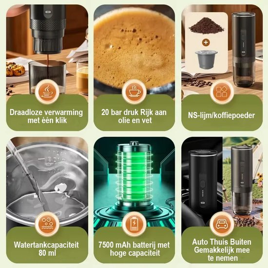 VHV Draagbare koffiezetapparaat, 3-in-1 espressomachine, elektrische verwarming, 12 V, espressomachine, oplaadbaar, voor kantoor, reizen, thuis, compatibel met espresso-capsules en gemalen koffie VHV Draagbare koffiezetapparaat, 3-in-1 espressomachine, elektrische verwarming, 12 V, espressomachine, oplaadbaar, voor kantoor, reizen, thuis, compatibel met espresso-capsules en gemalen koffie