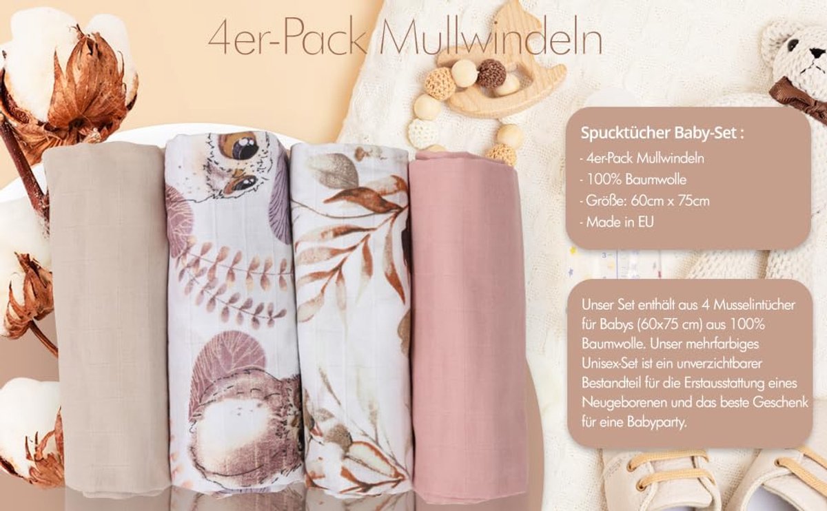 Katoenen Mousseline Doeken 4-Pack - 65x70 cm - Hydrofiele Luiers voor Baby's - Uniseks