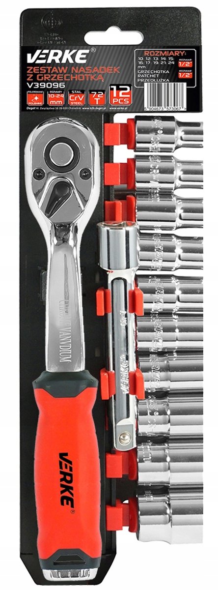 Verke 1/2" Dopslagdoppen Set met Ratel en Verlengstuk - 12 Delig