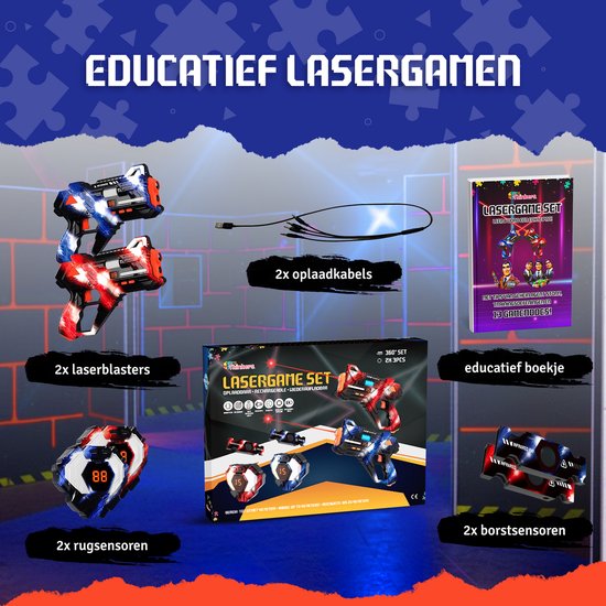 Lasergame set met twee lasers, twee vesten, twee opladers en een boekje, op een achtergrond van een laserspel.