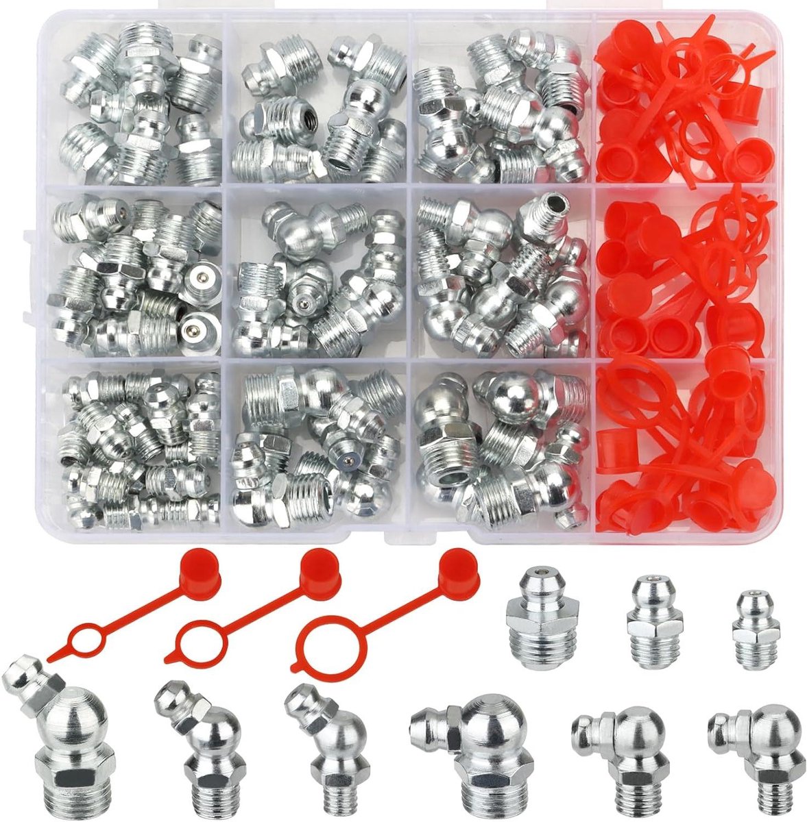 Provento - Hydraulische Vetfittingen Assortiment Kit 100 Stuks | Vetpistool Accessoires voor M6 M8 M10 Tepelfittingen | Recht, 90 Graden, 45 Graden Hoekige Vet Zerks