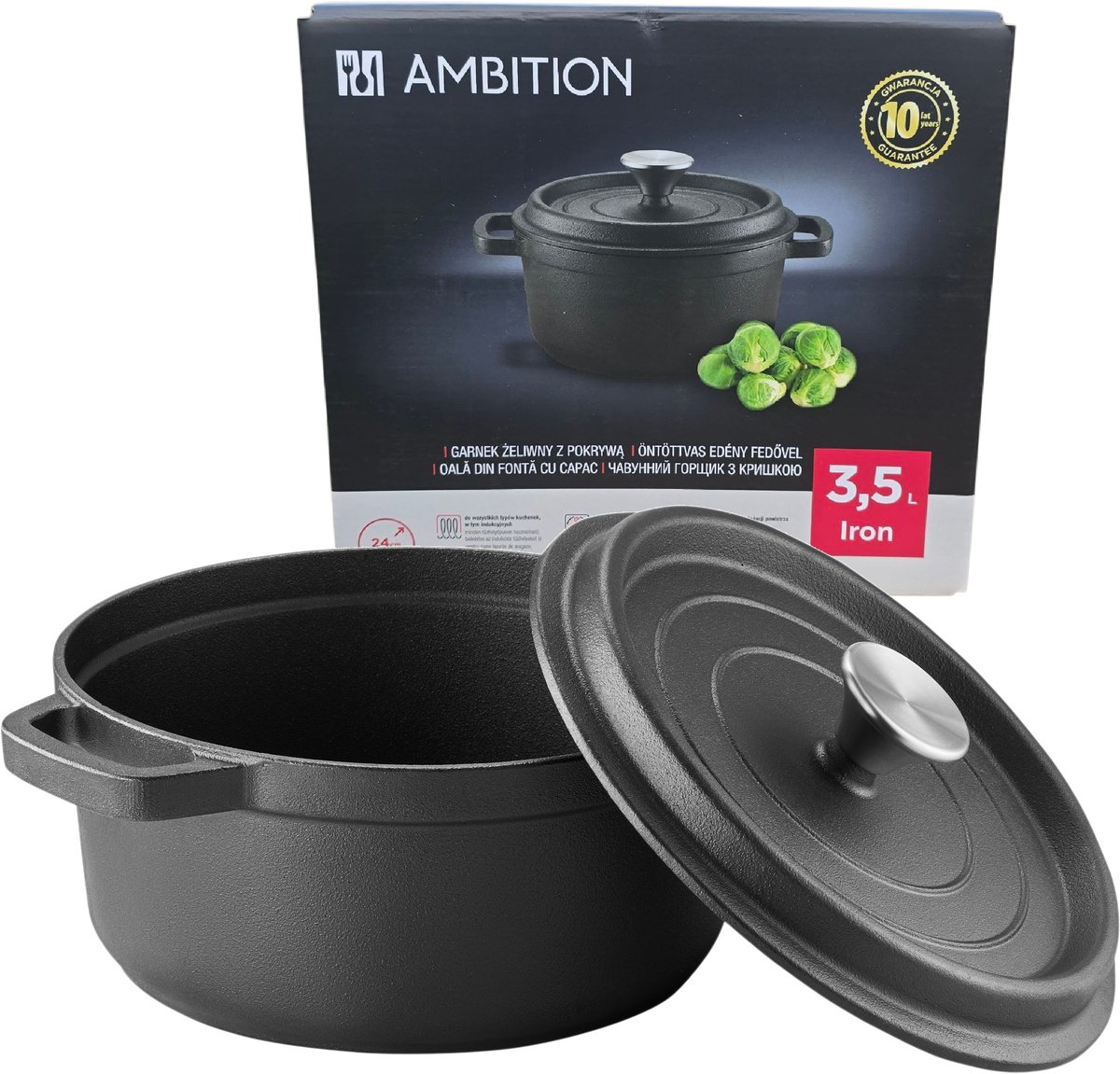 Ambition Iron Gietijzeren Pan met Deksel 24cm 3.5L - Oven & Inductie