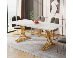 Luxe Eettafel voor 4 tot 6 Personen – Moderne Keukentafel 160x80 cm met Kunstmarmeren Tafelblad & Gouden Metalen Poten – Grote Ronde Eettafel voor Eetkamer van Keuken – Elegant Wit & Goud Design – Meda Home Store