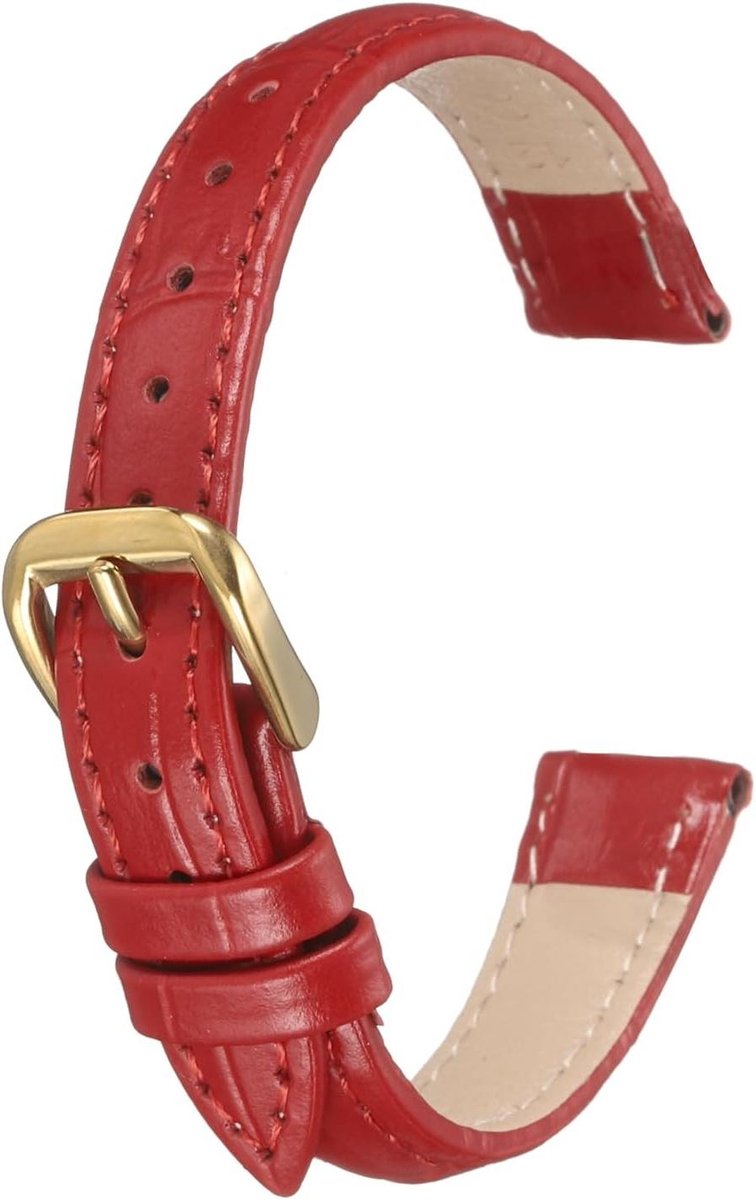 Leren horlogeband 12 mm reliëf patroon rundleer horlogeband vervanging met veerpennen voor mannen en vrouwen, rood goud, 12 mm, Geen Edelsteen.