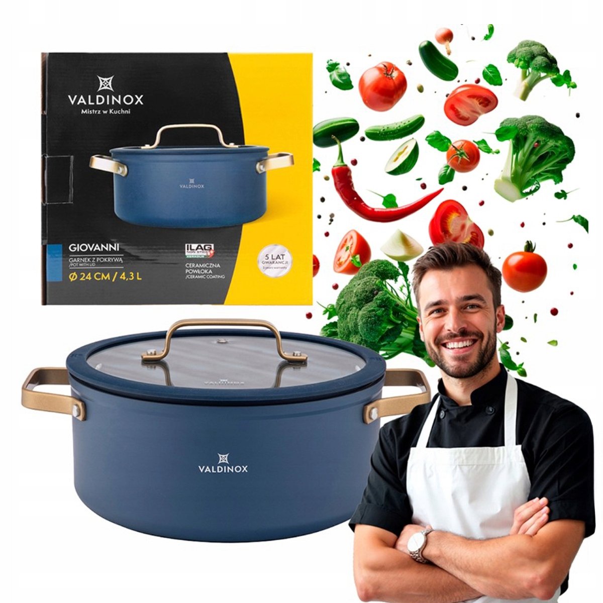 Valdinox Giovanni Inductiepan 24cm Antiaanbaklaag, 4,3L, Blauw/Goud