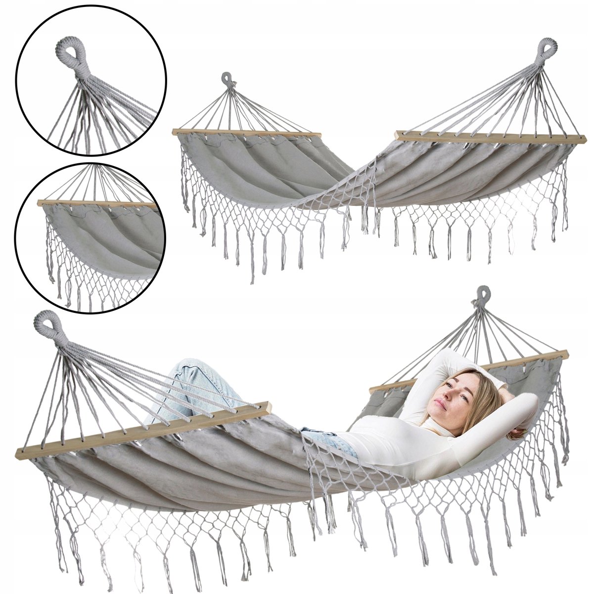 Grote Sterke Boho Tuin Hangmat MILOS 2 - 200x100 cm - Grijs