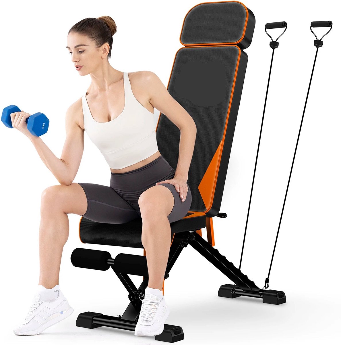 Halterbank - Theffen - Sit-ups - Verstelbare - Full-Body Oefeningen - Thuisfitnessruimte - met Weerstandsbanden - Zwart Oranje
