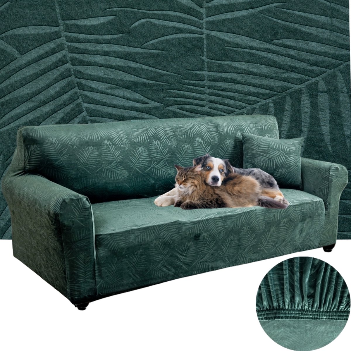 Elastische bankhoes fluweel palmbladeren groen 190-230cm OEKO-TEX