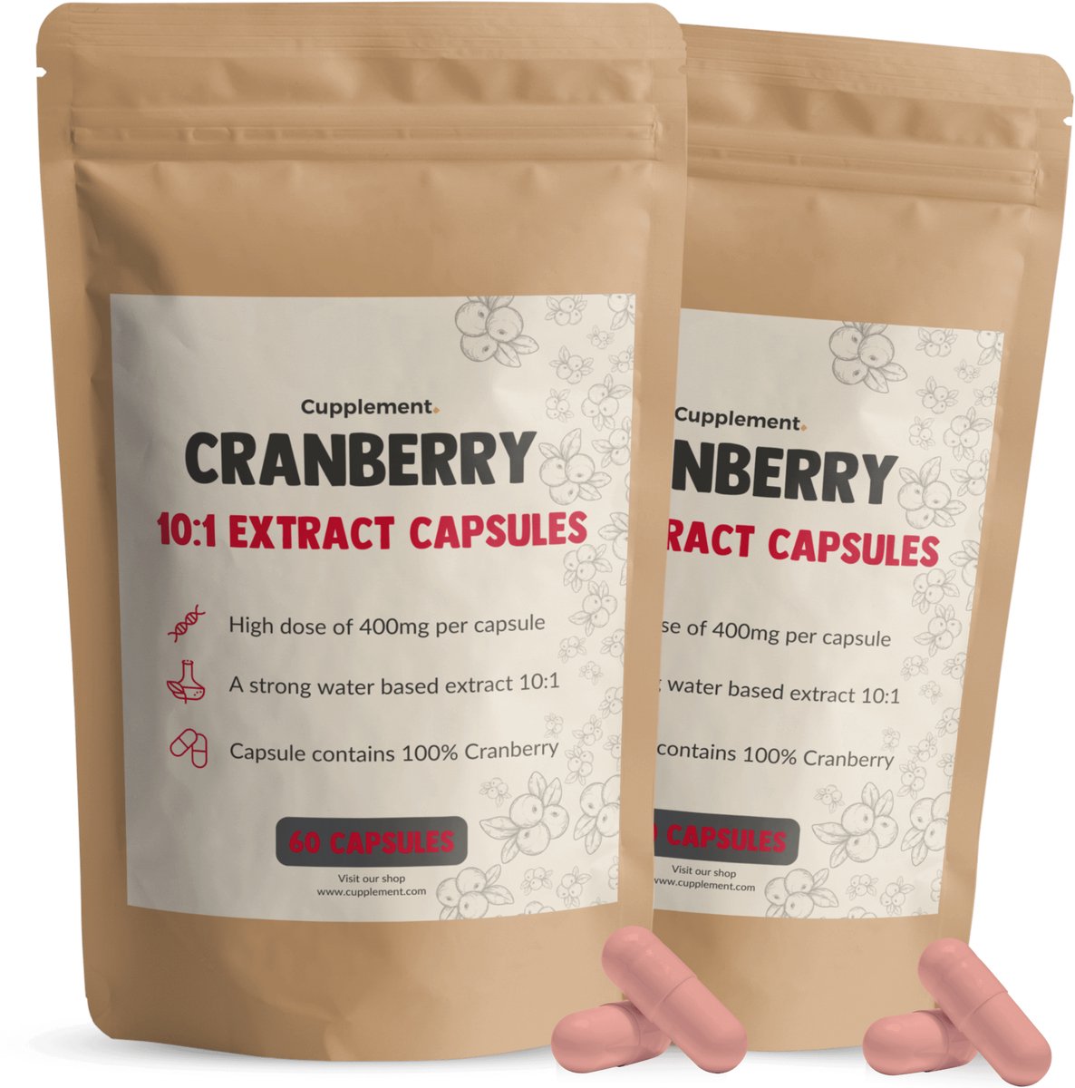 Cupplement Cranberry Extract 8.000 per dagdosering Combideal 2x 60 Capsules - D mannose - Cranberry capsules - D-mannose cranberry - Cranberries - Vegan - Zonder toevoegingen - Lab getest - 60 dagen voorraad per zakje