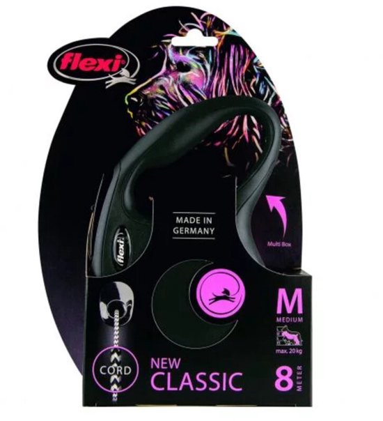 Verpakking van een zwarte Flexi New Classic rolriem, 8m koord, voor middelgrote honden tot 20 kg.