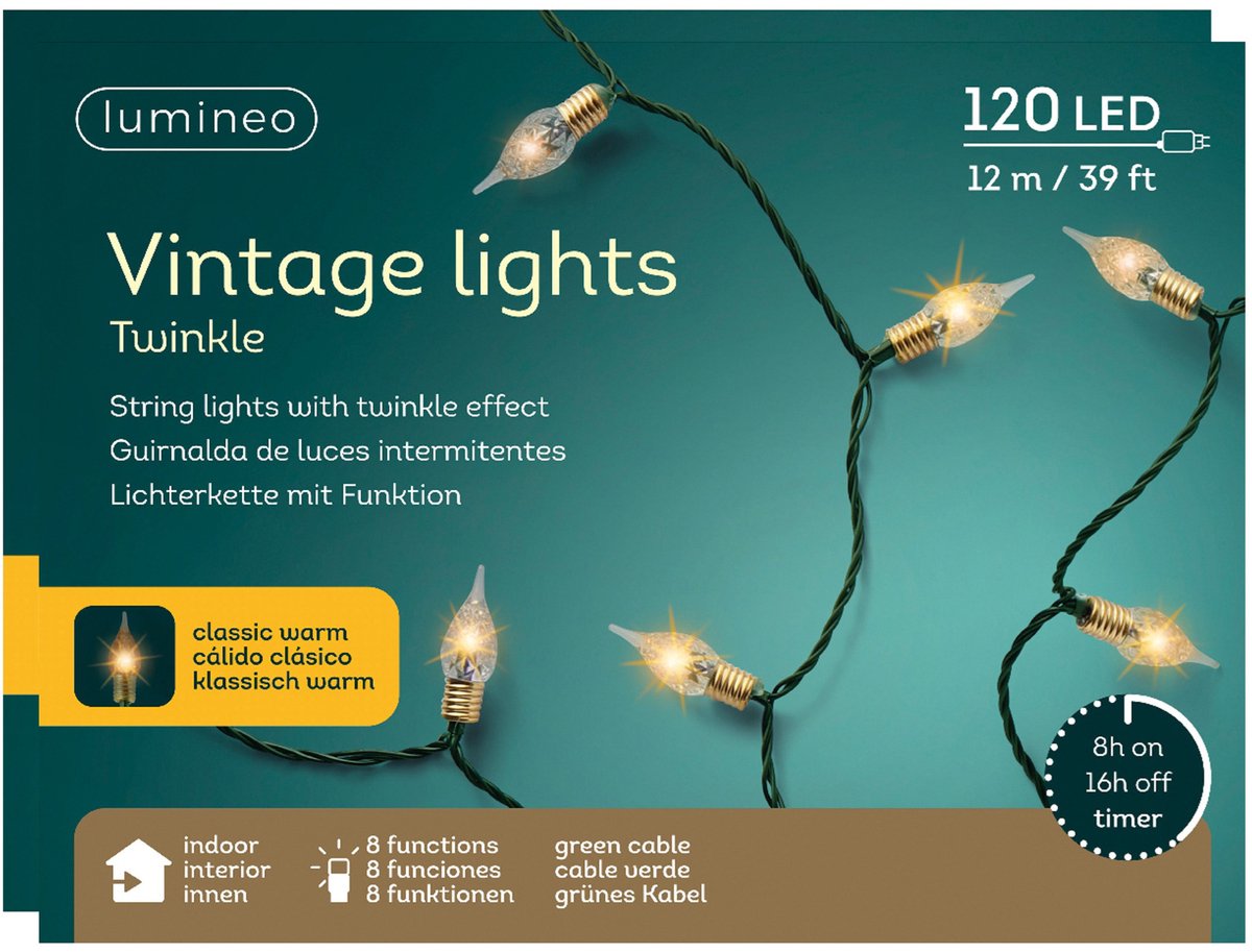 Lumineo Vintage kerstverlichting – 120 led lampjes - 2x - klassiek warm wit – 11,9 meter – kunststof – Lichtsnoer - Sfeerverlichting, kerstlampjes
