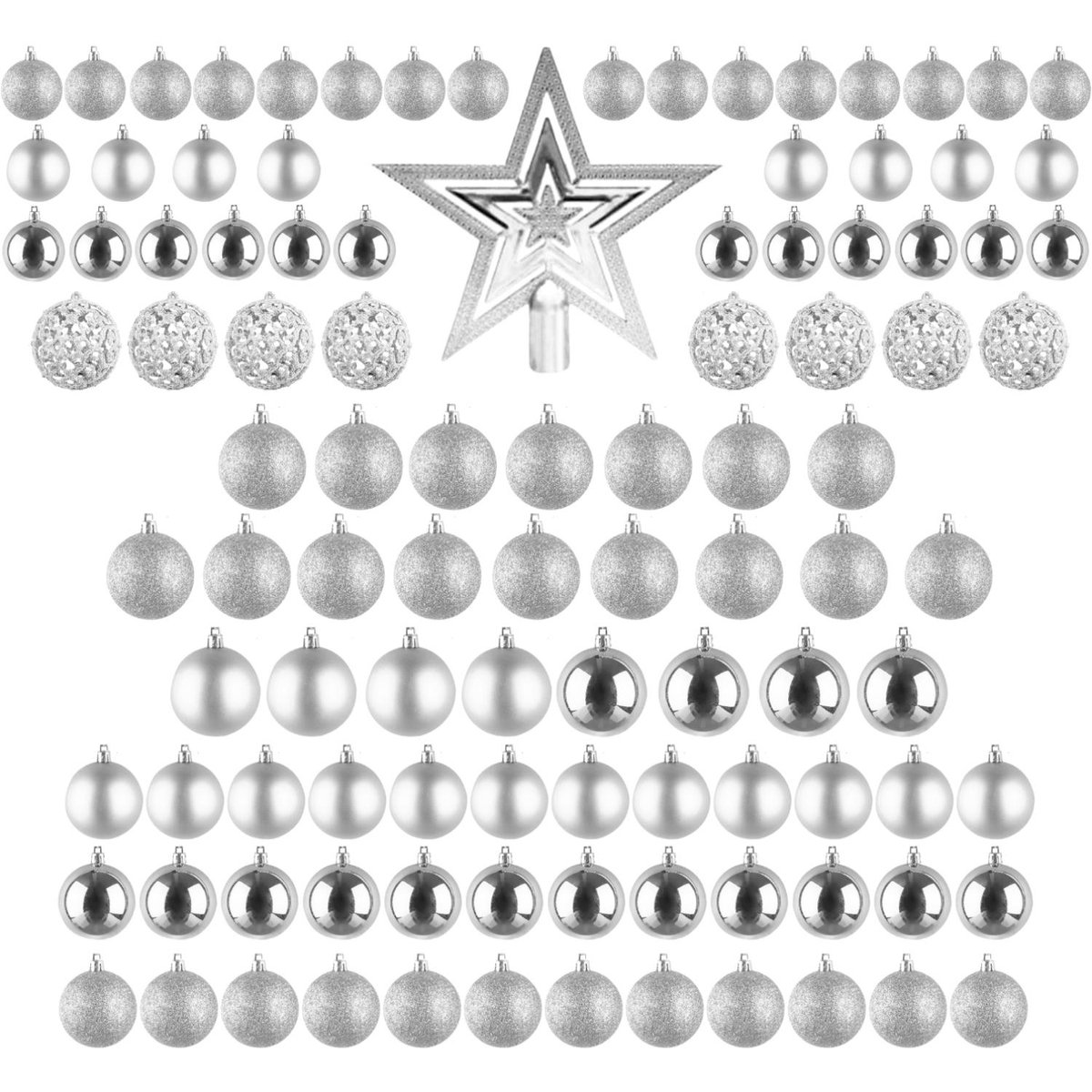 Cheqo® Luxe Kerstballen Set - Kerstballenset - Kerstdecoratie - Kerstboom Versieren - Kerstversiering - Onbreekbaar - Met Ophangoogje - Kerstversiering Kerstboom - Mat - Glans - Glitter - 101 Stuks - Zilver - Met Piek