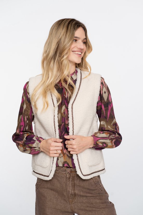 Foto: Geisha gilet teddy gilet met geweven bies 55541 19 000010 off white tape dark brown zigzag dames maat m