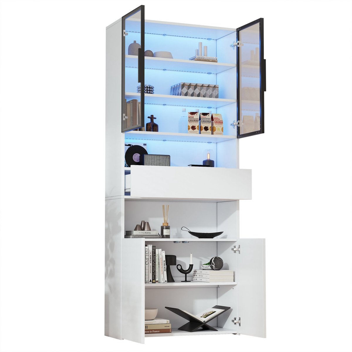 Merax Vitrinekast met LED Verlichting en Glas in Deuren – 70x30x200 – Wit