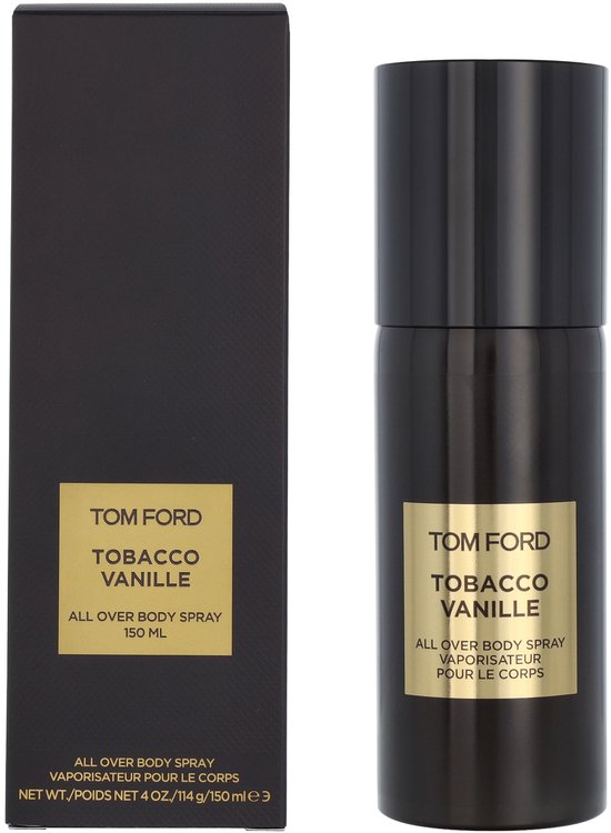 Zwarte doos en bruine spuitbus met gouden etiket: TOM FORD TOBACCO VANILLE ALL OVER BODY SPRAY 150 ML.