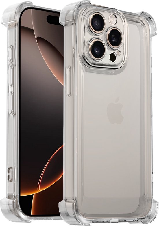 Transparante telefoonhoes met verstevigde hoeken en duidelijke camerabescherming voor iPhone 15 Pro Max.