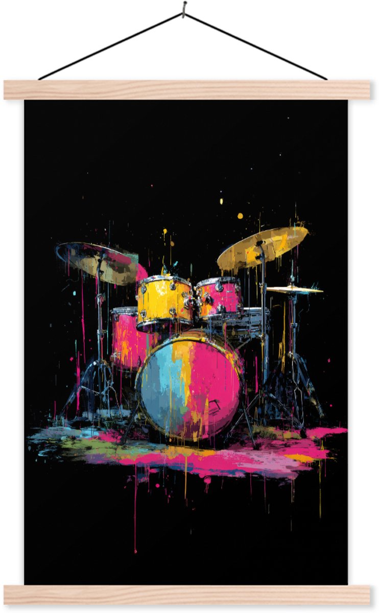 Posterhanger incl. Poster 40x60 cm - Schoolplaat - Drumstel - Kleurrijk - Verf - Levendig 