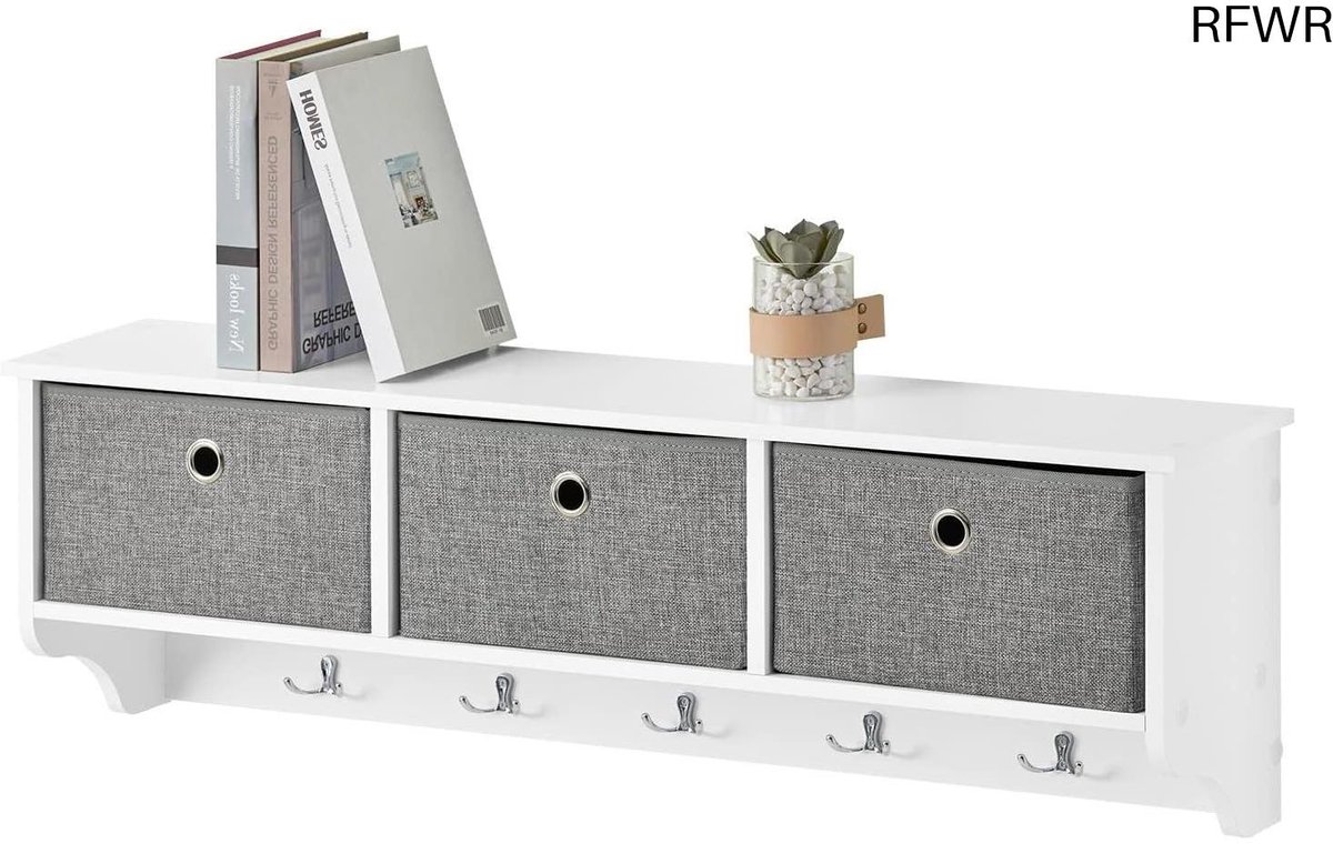 RFWR Wandkapstok met Haken en Lades - Moderne Kapstok voor Entree, Slaapkamer en Woonkamer - 100x20x30cm Wit