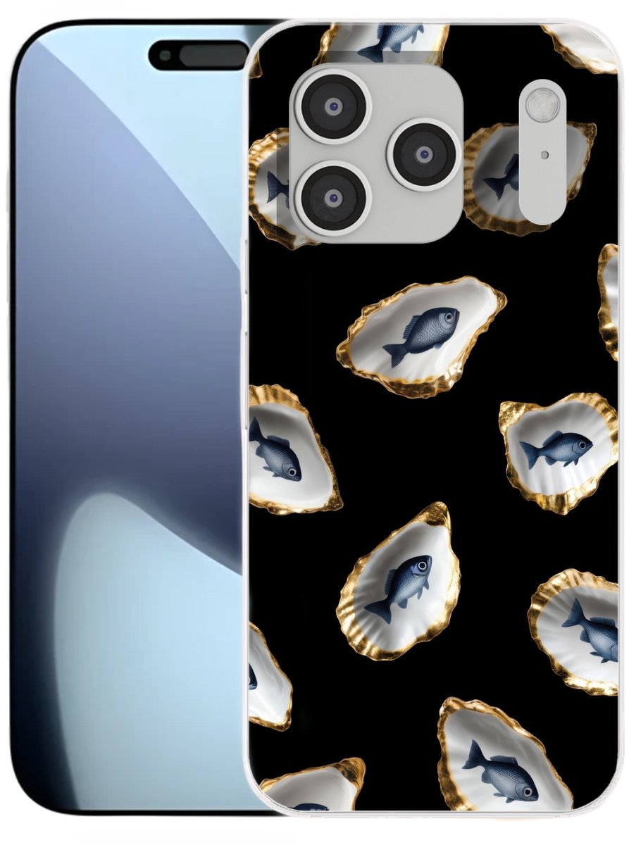 Telefoonhoesje Geschikt voor iPhone 17 Pro hoesje - Oesters - Vissen - Blauw - Goud - Siliconen Telefoonhoesje Telefoonhoesje