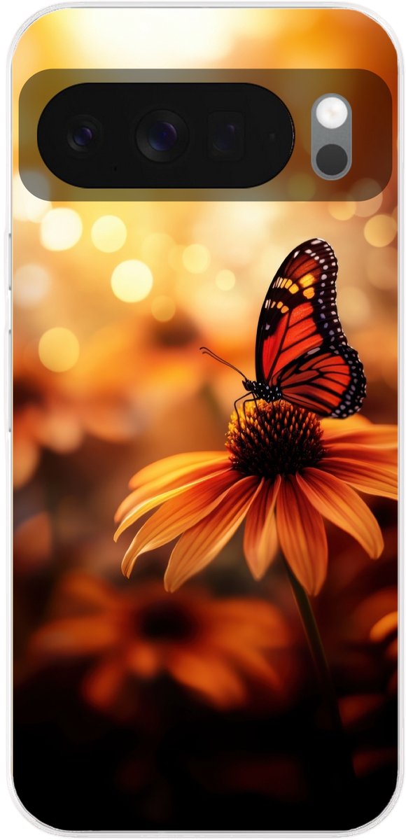 Telefoonhoesje Geschikt voor Google Pixel 10 hoesje - Vlinder - Bloemen - Oranje - Siliconen Telefoonhoesje Telefoonhoesje