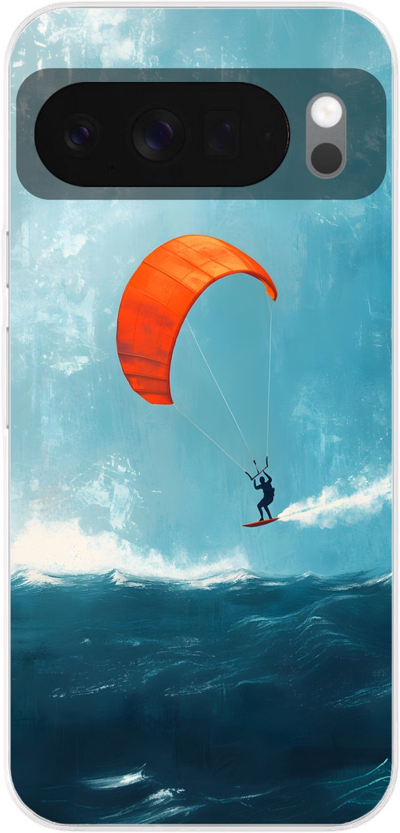 Telefoonhoesje Geschikt voor Google pixel 10 Pro XL hoesje - Kitesurfer - Oranje - Zee - Lucht - Siliconen Telefoonhoesje Telefoonhoesje