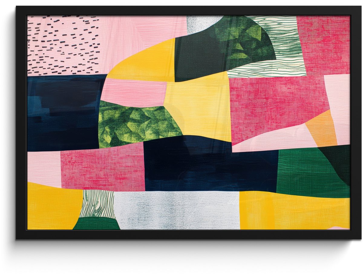 FrameYourWall Poster in lijst - Fotolijst 60x40 cm - Posters - Abstract - Roze - Lappen - Vormen - Geel - Posterlijst zwart - Decoratie - Wanddecoratie woonkamer - Muurdecoratie slaapkamer