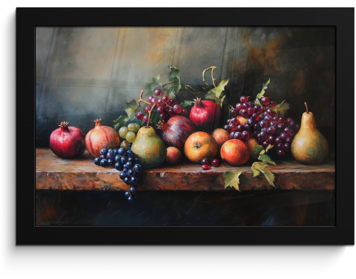 FrameYourWall Poster in lijst - Fotolijst 30x20 cm - Posters - Rustiek - Stilleven - Fruit - Posterlijst zwart - Decoratie - Wanddecoratie woonkamer - Muurdecoratie slaapkamer Fruit tafel - Stilleven