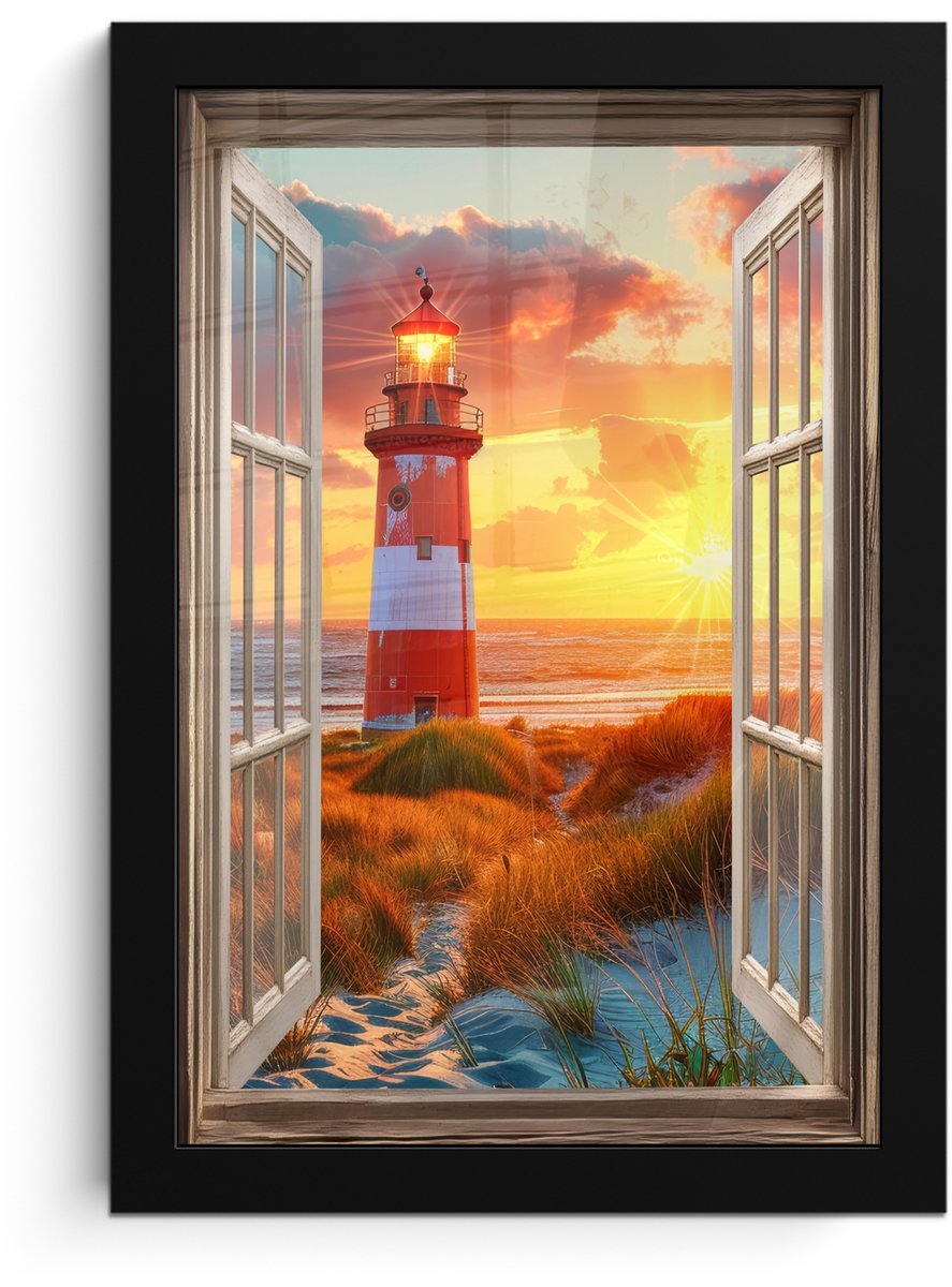 FrameYourWall Poster in lijst - Fotolijst 20x30 cm - Posters - Doorkijk - Raam - Vuurtoren - Zonsondergang - Strand - Posterlijst zwart - Decoratie - Wanddecoratie woonkamer - Muurdecoratie slaapkamer Zonsondergang - Vuurtoren