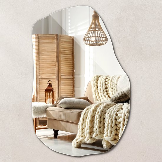 Wallfluent Spiegel - Organische vorm spiegel - 100 cm x 65 cm - Luxe spiegel - Inloopkastspiegel – Badkamerspiegel - Toiletspiegel - Grote Unieke make-up Spiegel - Stijlvolle Woonaccessoires - Moderne Wandspiegel - Horizontaal of verticaal ophangen